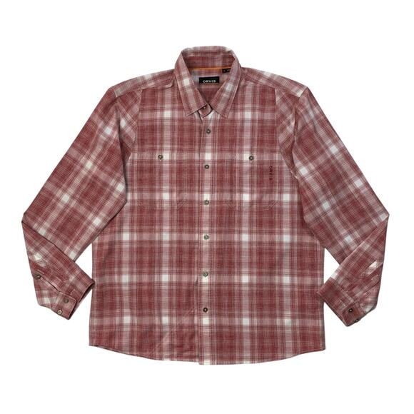 Orvis Shirt Mens L Large Rich Red White Plaid Tech Long Sleeve Outdoor Fishing - Picture 1 of 11